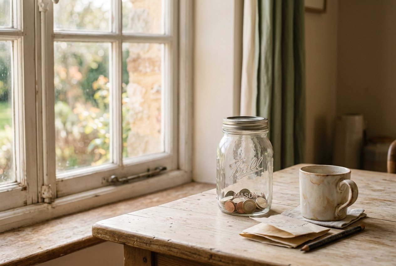 Un tarro de cristal con unas pocas monedas sobre una mesa de madera, junto a una ventana con luz de primera hora